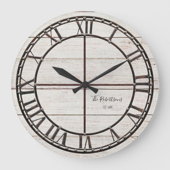 Bauernhof Weißseife Holz Rustikaler Familienname Große Wanduhr (Vorderseite)