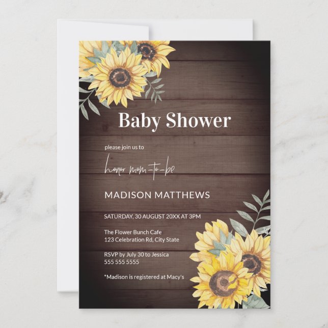 Bauernhof Wood Sunflower Babydusche Einladung (Vorderseite)
