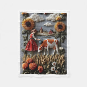 Bauernhofmädchen und Kuh Sonnenblumen Wiese Fleece