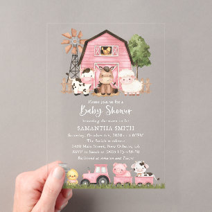 Bauernhoftiere, Süße Tiere, Rosa Scheune, Babypart Acryleinladungen