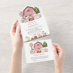 Bauernhoftiere, Süße Tiere, Rosa Scheune, Babypart All In One Einladung