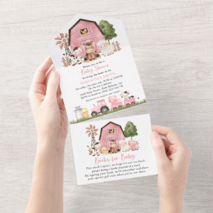 Bauernhoftiere, Süße Tiere, Rosa Scheune, Babypart All In One Einladung