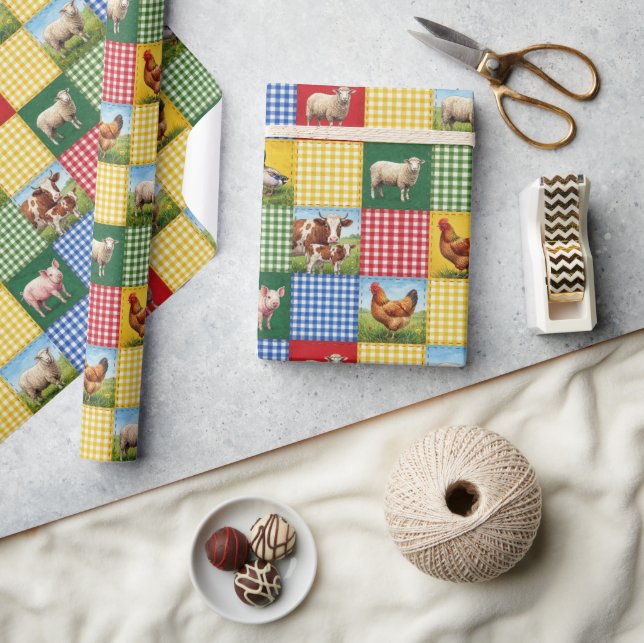 Bauernhoftiere und Gingham-Patchwork-Quilt Geschenkpapier (Kunsthandwerk)