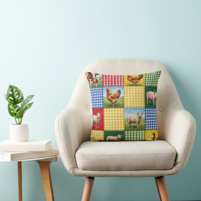 Bauernhoftiere und Gingham-Patchwork-Quilt Kissen (Stuhl )