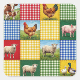 Bauernhoftiere und Gingham-Patchwork-Quilt Quadratischer Aufkleber