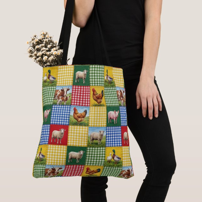 Bauernhoftiere und Gingham-Patchworkdecke Tasche (Von Nahem)