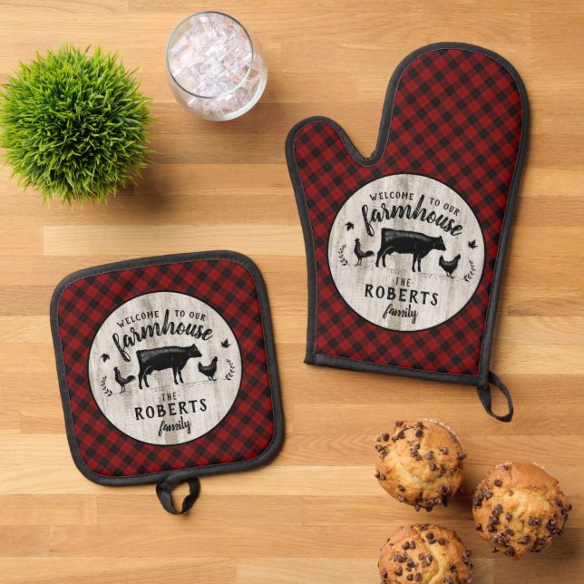 Bauernname Rustic Buffalo Kariert Stallholzkuh Ofenhandschuh & Topflappen-Set (Oben Unten)
