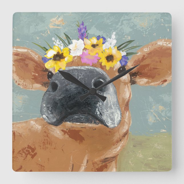 Bauernspass - Kuh mit Blume Crown Quadratische Wanduhr (Vorderseite)
