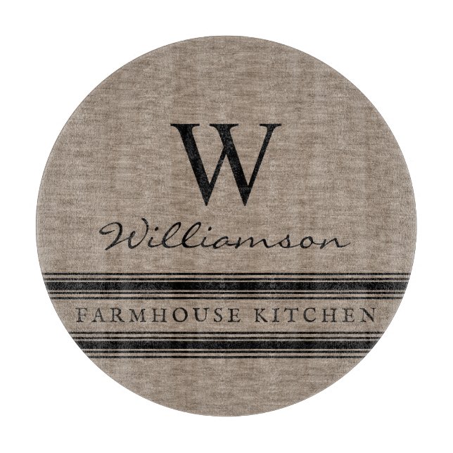 Bauernstil Burlap Mit Monogramm Familienname Schneidebrett (Vorderseite)