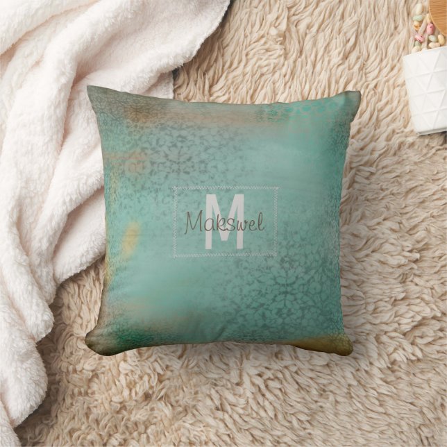 Bauernstil Rustikale Aquamarine Monogramm Kissen (Decke)
