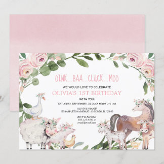 Bauerntiere Aquarellbarnyard Mädchen Geburtstag Einladung