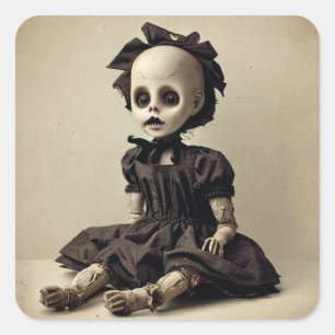 Baufällige alte Vintage-Puppe für Halloween kaputt Quadratischer Aufkleber