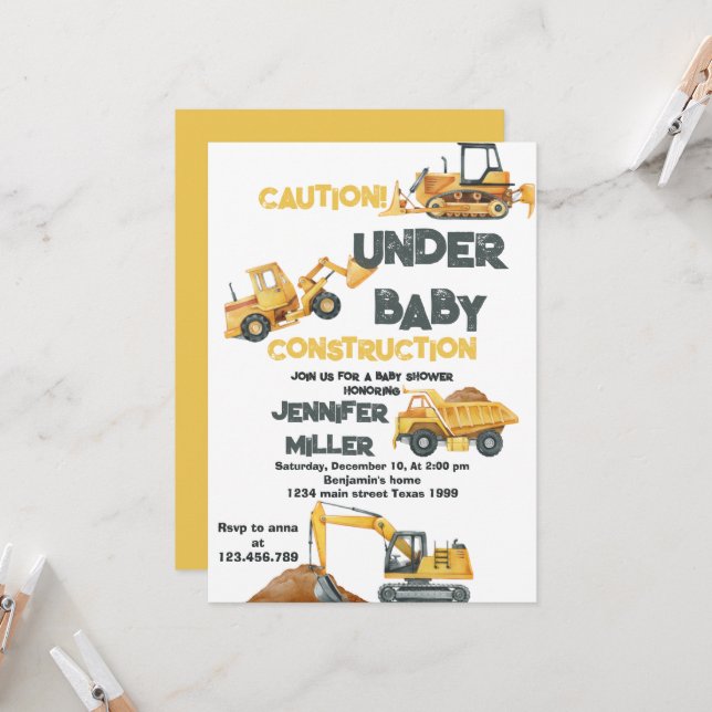 Baugelbe Dump Truck Digger Babydusche Einladung (Vorderseite/Rückseite Beispiel)