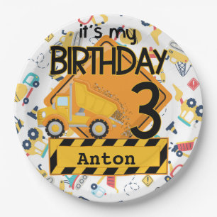 Baugelbe LKWs 3. Geburtstag Pappteller