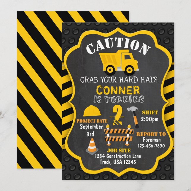 Baugewerbe Einladung zum Geburtstag | Dump Truck | (Vorne/Hinten)