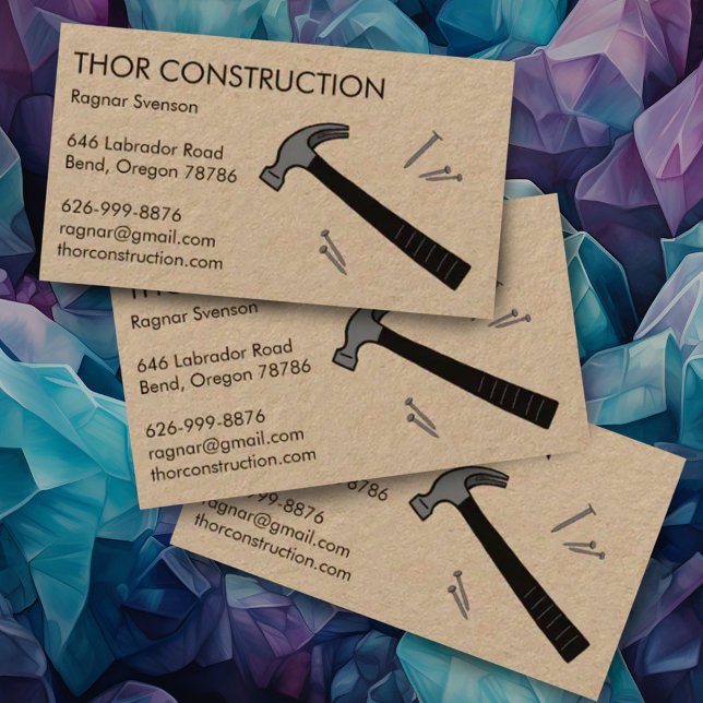 Bauhandyman Remodel Hammer & Nails Kraft Visitenkarte (Custom business cards with hammer and nails - perfect for construction work and handyman)