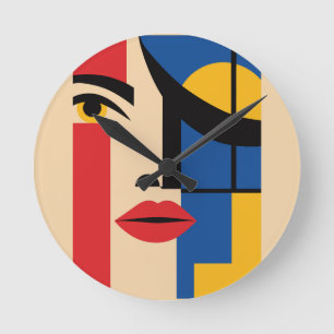 Bauhaus-Geometrisches-Abstraktes-Frauenporträt-Kun Runde Wanduhr