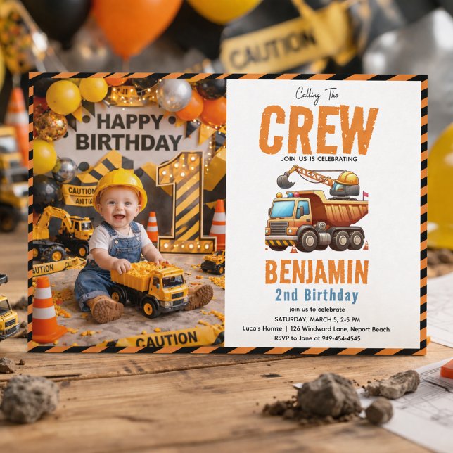 Baukolonne Kipper Junge 2. Geburtstag Einladung (Construction Crew Dump Truck Boy 2nd Birthday Invitation
)