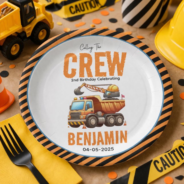 Baukolonne Kipper Junge 2. Geburtstag Pappteller (Construction Crew Dump Truck Boy 2nd Birthday paper plate
)