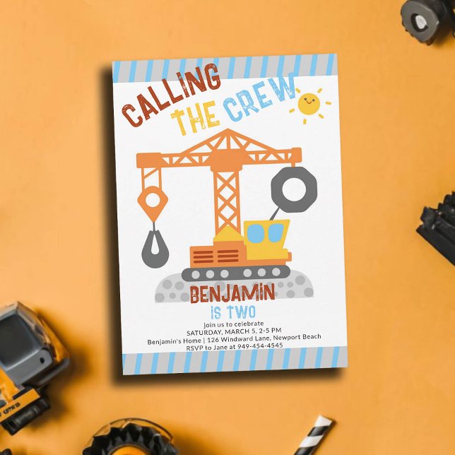 Baukrane Crew Niedlich Junge 2. Geburtstag Einladung (construction birthday party 2 second boys crane vehicle crew theme invitation template personalized)