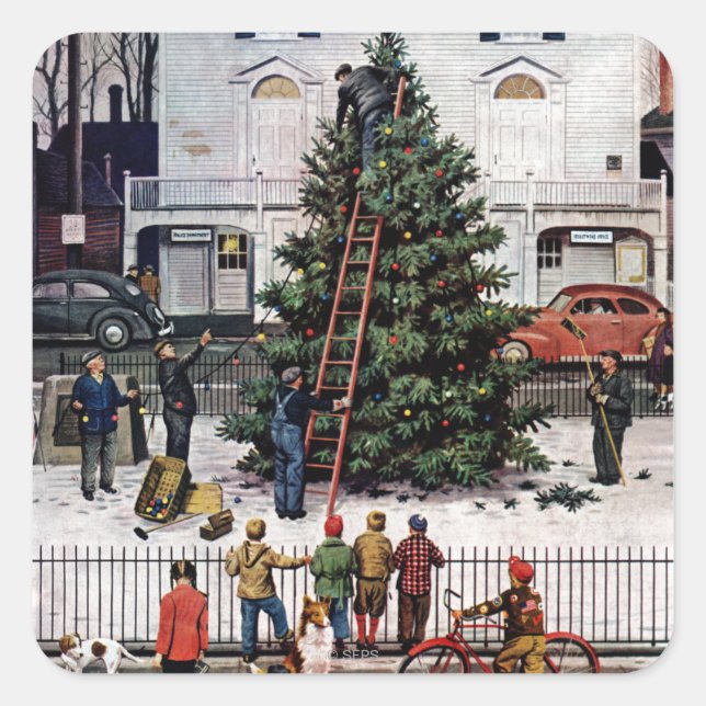 Baum auf dem Platz der Stadt Quadratischer Aufkleber (Vorderseite)