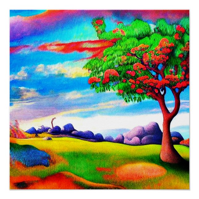 Baum auf einer felsigen Wiese Poster (Vorderseite)