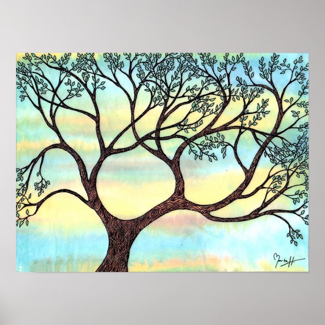 Baum auf Vellum mit Aquarellgrund Poster (Vorne)