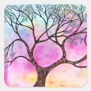 Baum auf Vellum mit Aquarellgrund Quadratischer Aufkleber