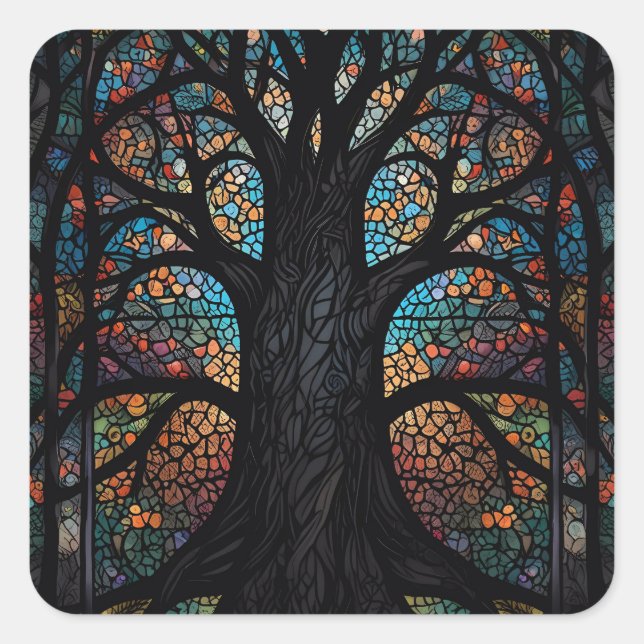 Baum aus lebenserhaltendem Glas Mosaik Kunst Quadratischer Aufkleber (Vorderseite)