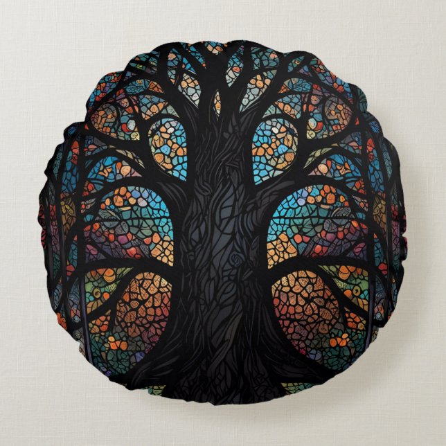 Baum aus lebenserhaltendem Glas Mosaik Kunst Rundes Kissen (Vorderseite)