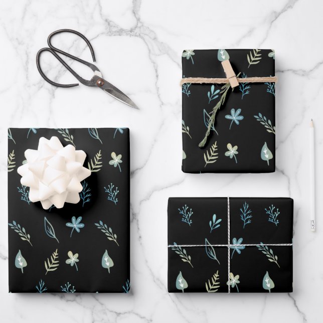 Baum-Blätter botanisch elegante Blue Aquarell Geschenkpapier Set (Vorderseite)