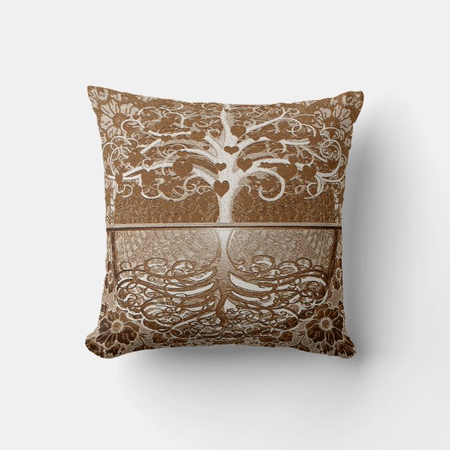 Baum der Leben-Herzen in Brown durch Amelia Carrie Kissen (Vorderseite)