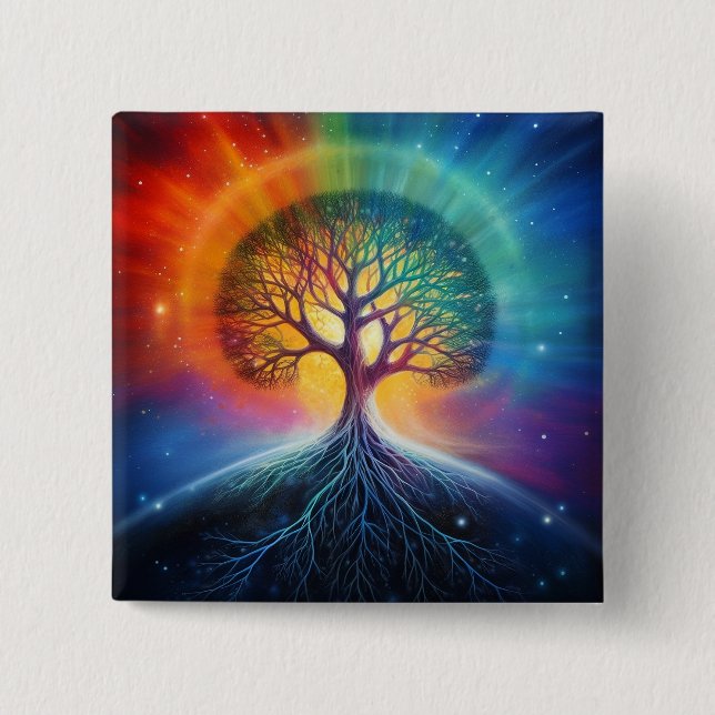 Baum der surrealen Regenbogenkunst Button (Vorderseite)