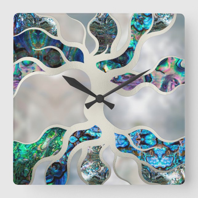 Baum des Lebens - Alleinstehende Muschel und Perle Quadratische Wanduhr (Vorderseite)