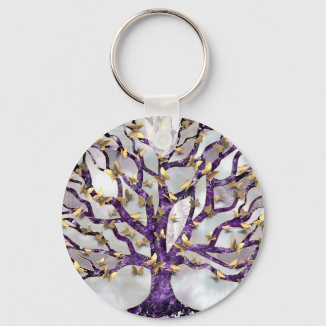 Baum des Lebens - Amethyst und Schmetterlinge Schlüsselanhänger (Vorderseite)