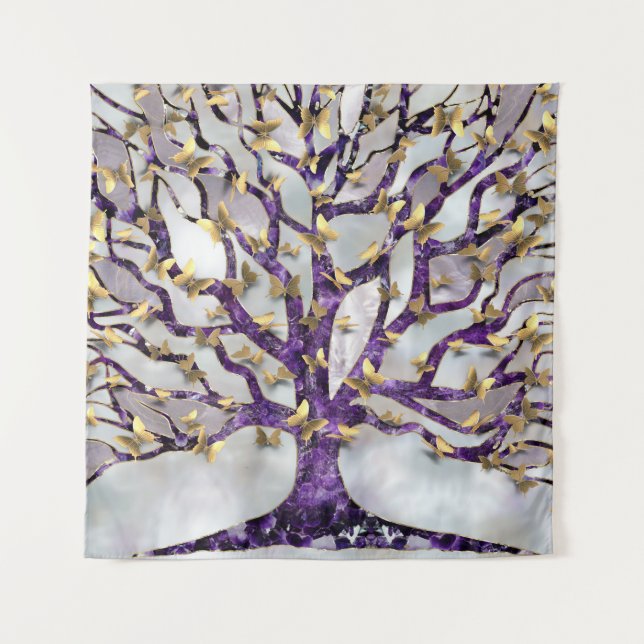 Baum des Lebens - Amethyst und Schmetterlinge Wandteppich (Vorderseite)