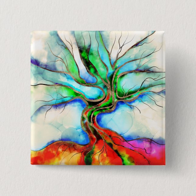 Baum des Lebens - Aquarell, Tinte und Gold Button (Vorderseite)