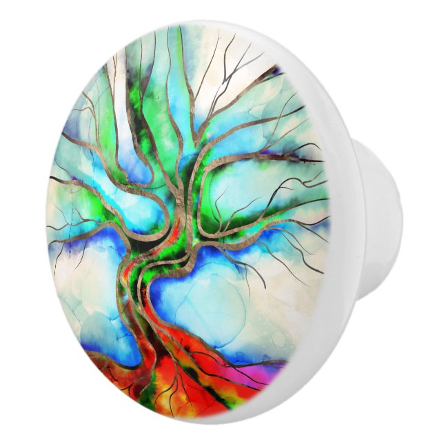 Baum des Lebens - Aquarell, Tinte und Gold Keramikknauf (Rechts)