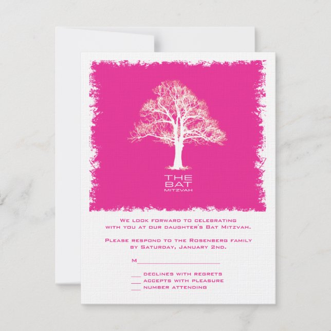 Baum des Lebens Bat Mitzvah UAWG Reply Card Rosa Einladung (Vorderseite)
