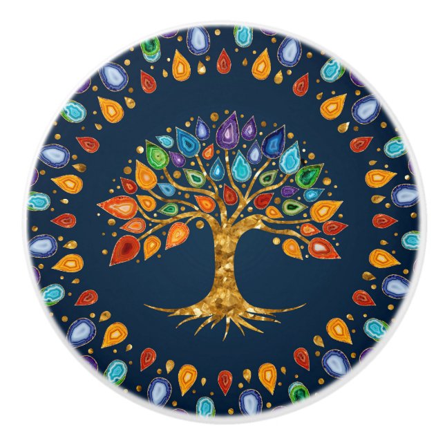 Baum des Lebens - Geode Agate Blätter Keramikknauf (Vorderseite)