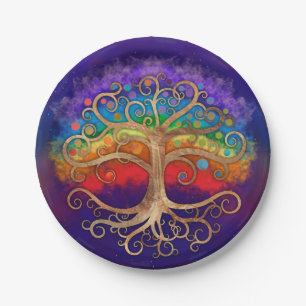 Baum des Lebens Golden Swirl und Regenbogen Pappteller
