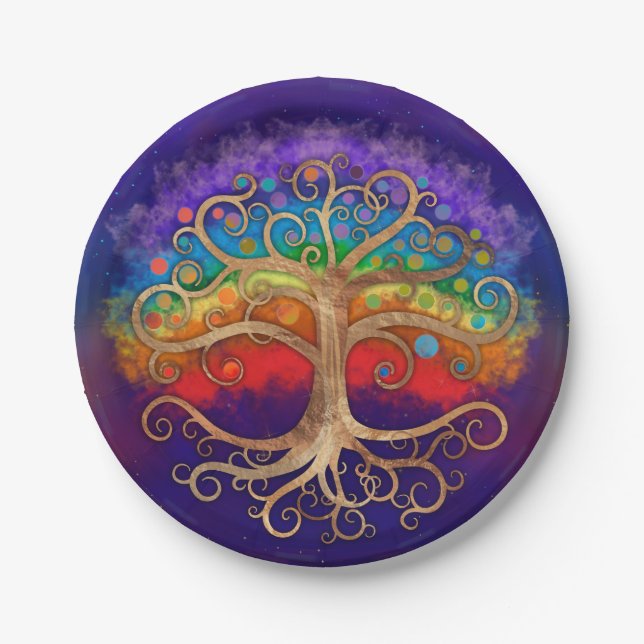 Baum des Lebens Golden Swirl und Regenbogen Pappteller (Vorderseite)