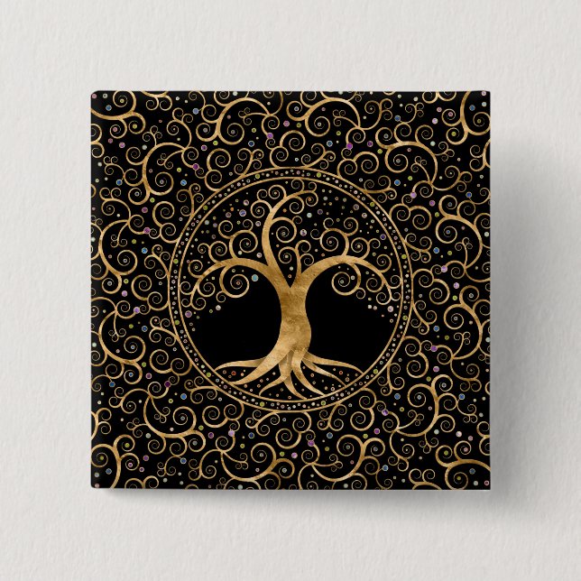 Baum des Lebens Goldene Spirale und Edelsteine Button (Vorderseite)