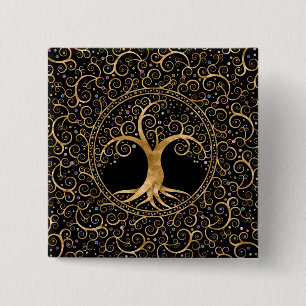 Baum des Lebens Goldene Spirale und Edelsteine Button