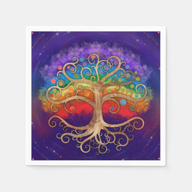 Baum des Lebens Goldener Swirl und Regenbogen Serviette (Vorderseite)