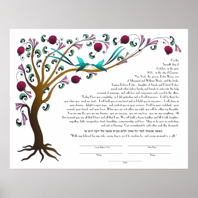 Baum des Lebens Ketubah mit einem hebräischen Zita Poster (Vorne)