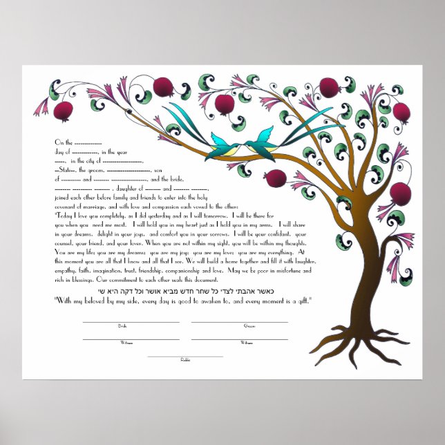 Baum des Lebens Ketubah mit einem hebräischen Zita Poster (Vorne)