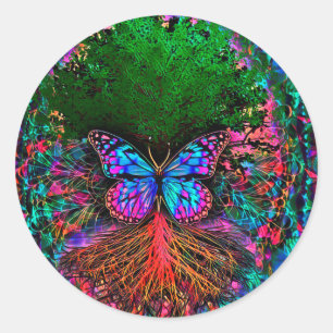 Baum des Lebens mit Schmetterling-Regenbogen Runder Aufkleber