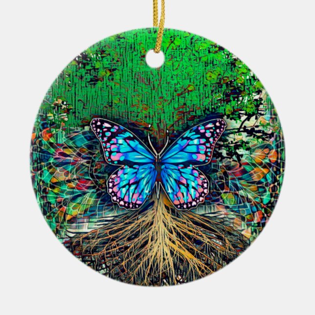 Baum des Lebens mit Schmetterling von Amelia Carri Keramik Ornament (Vorne)