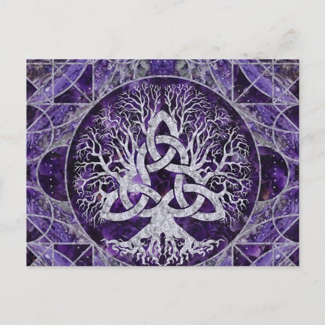 Baum des Lebens mit Triquetra Amethyst und Silber Postkarte (Vorderseite)